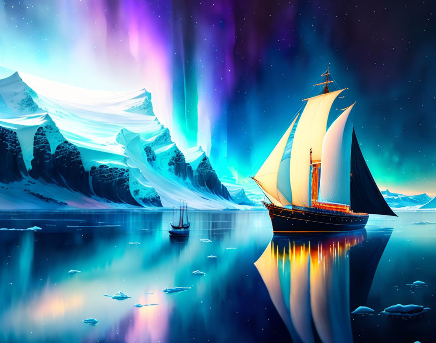 Sailing ship with white sails in icy landscape under aurora borealis