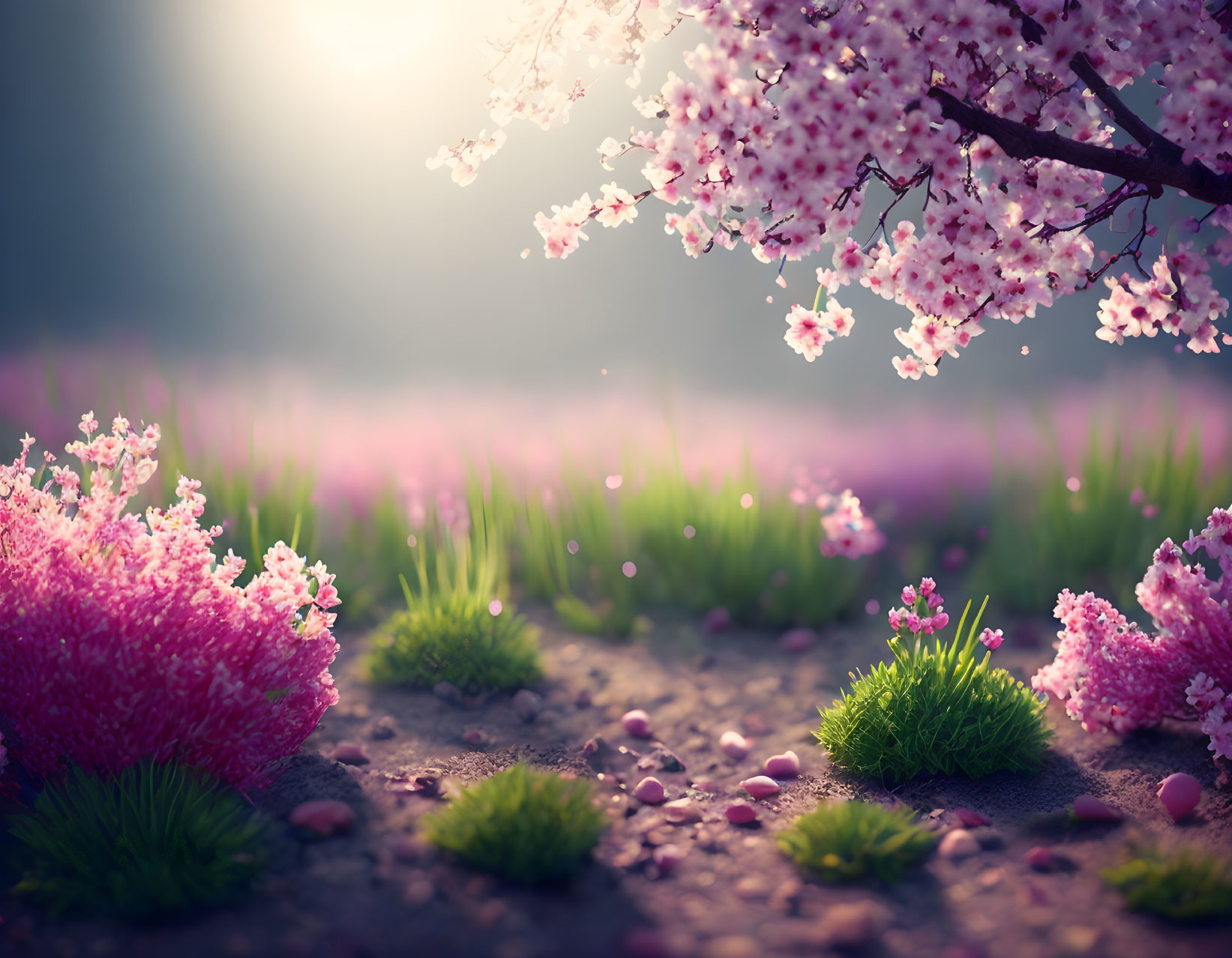 Pink cherry blossom branch in dreamy meadow with glowing sunlight and floating petals