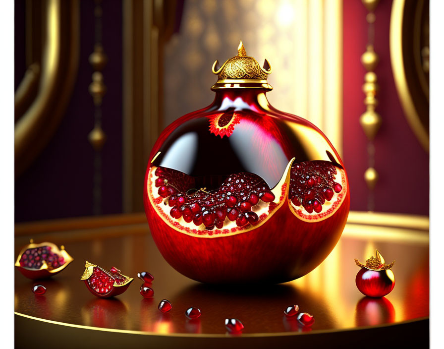 Luxurious Pomegranate Bottle with Golden Crown Cap in Regal Setting