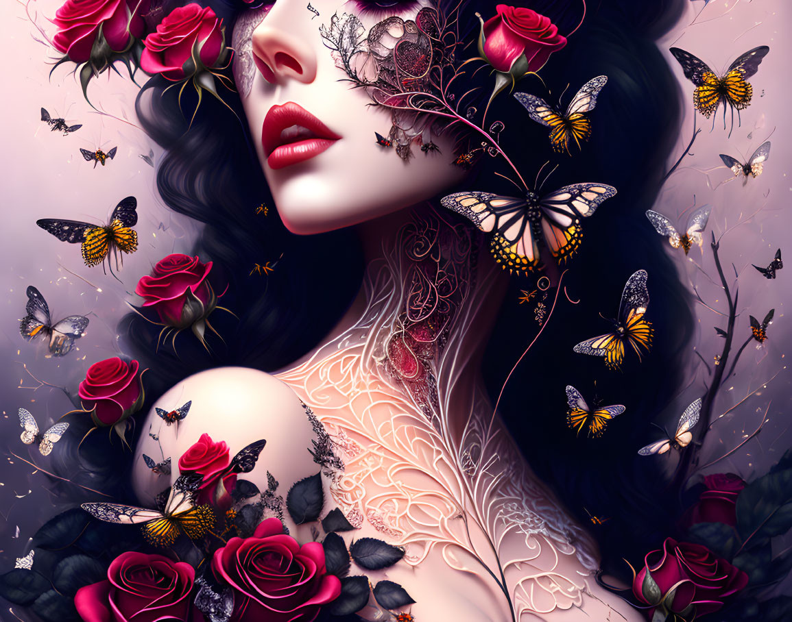 Woman surrounded by roses and butterflies with lace patterns and serene expression
