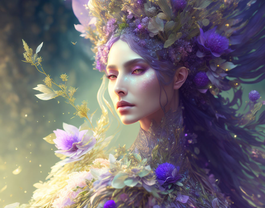 Purple floral headdress and ethereal makeup on a woman in a fantasy portrait amidst soft-focus flowers and