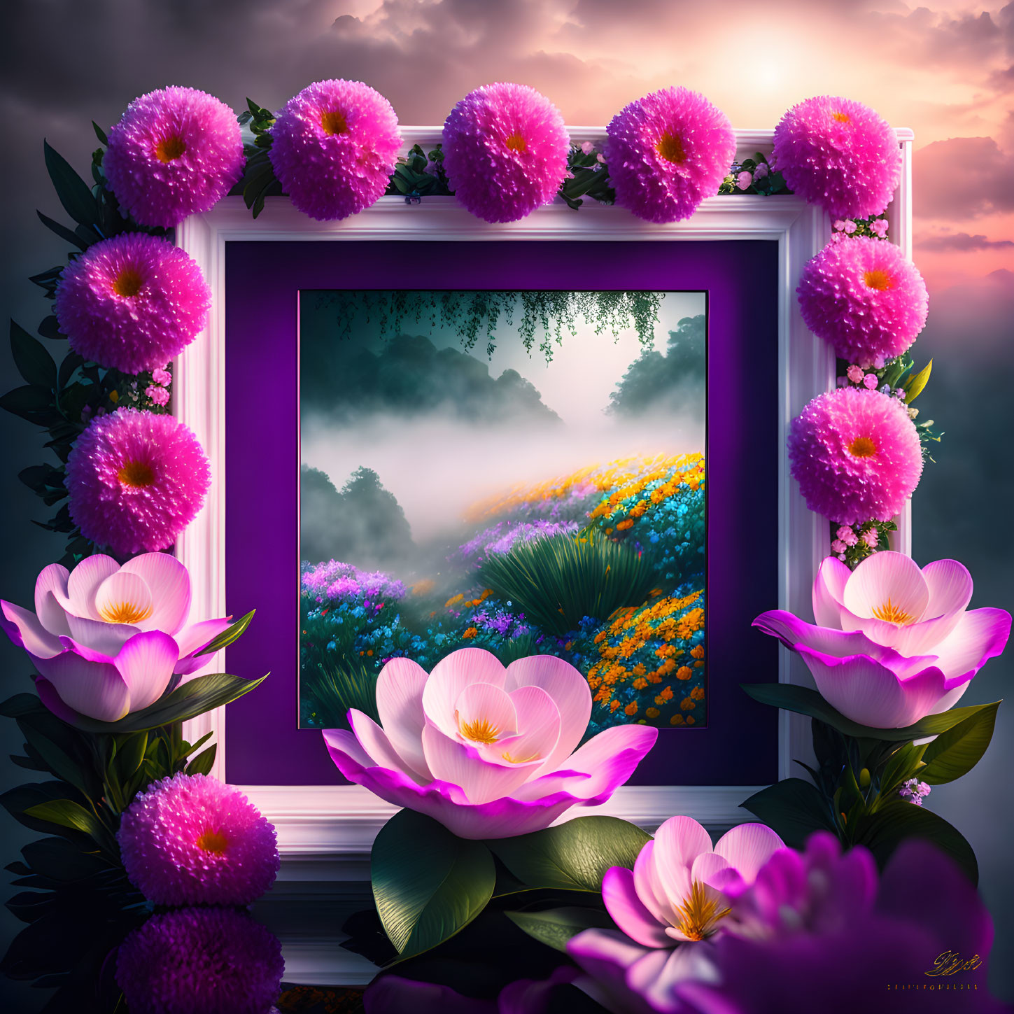digital painting of flowers against soft dim skies