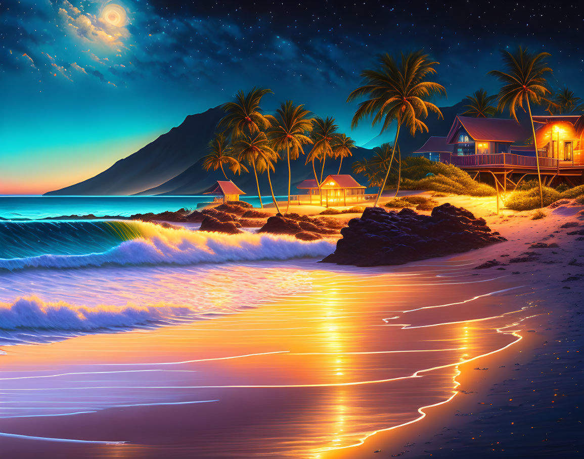 Painting of a beach scene at night, by Terry Redli