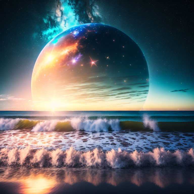 Surreal beachscape with giant planet reflecting in the sea