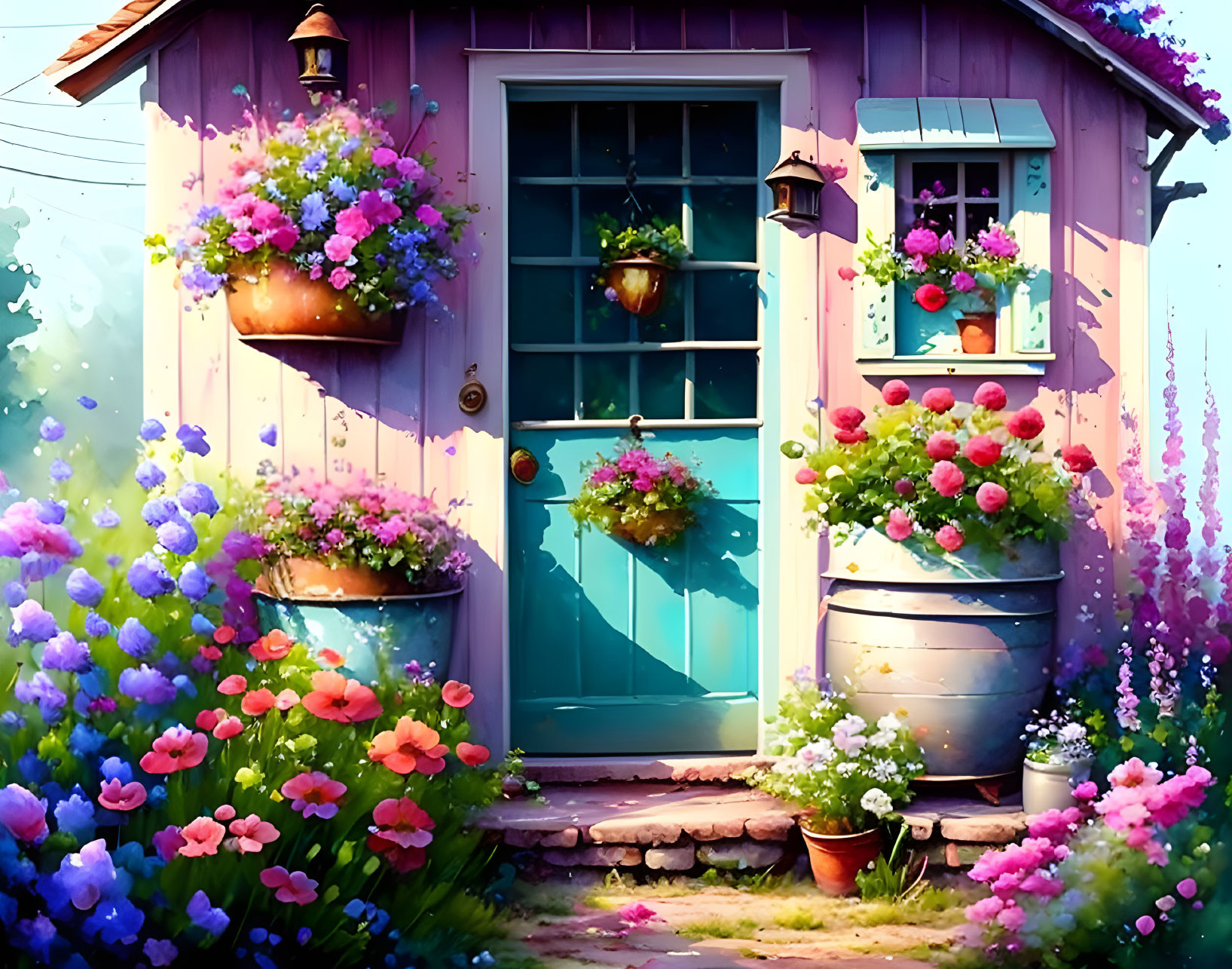 Charming cottage door with vibrant flowers and cobblestone path
