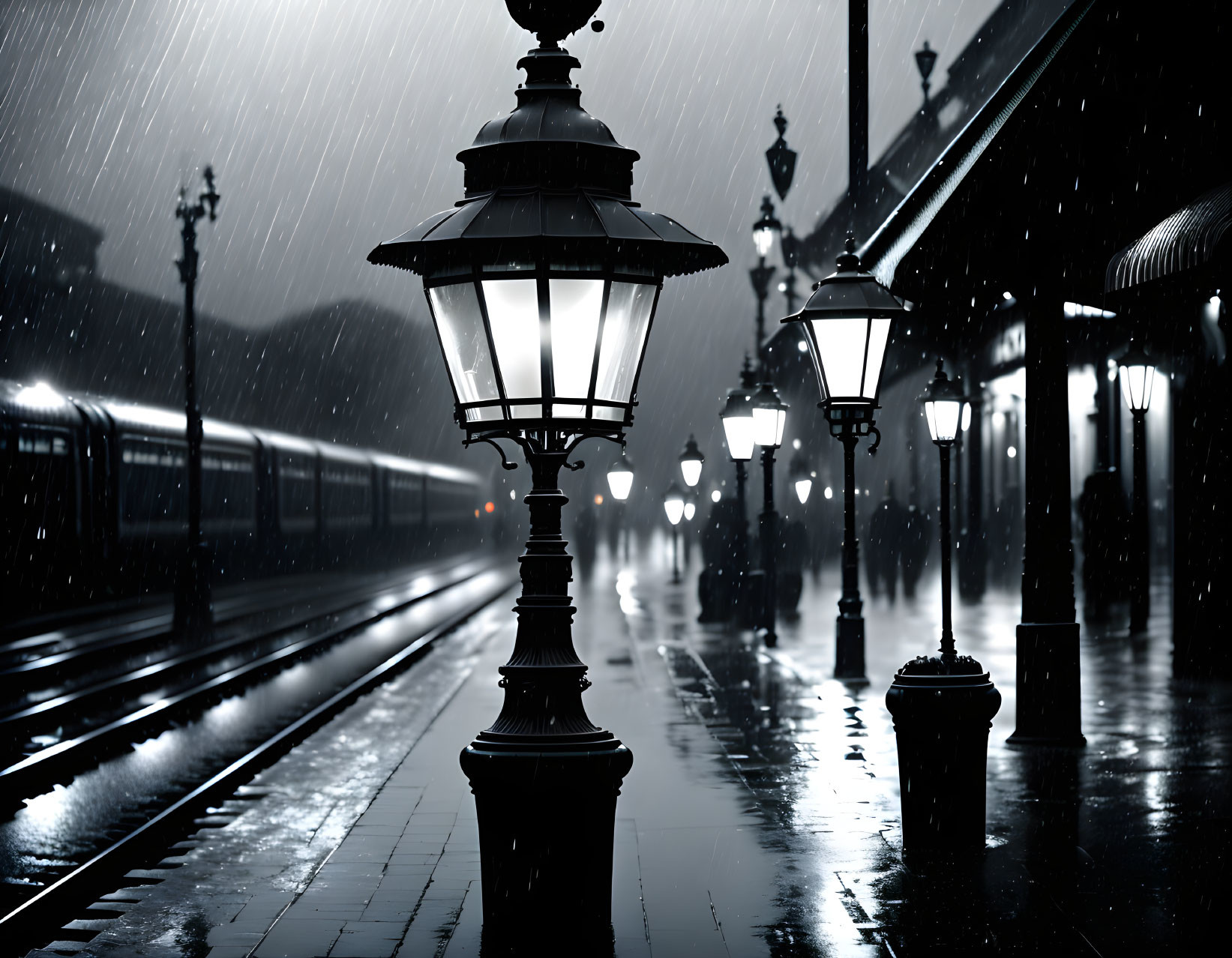 Nighttime rain-soaked train platform with glowing lampposts and departing train
