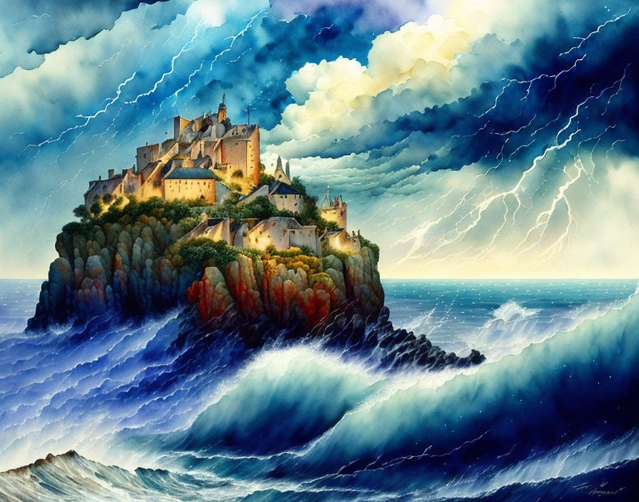 Luminous castle on rugged cliffs with stormy seas and electric sky