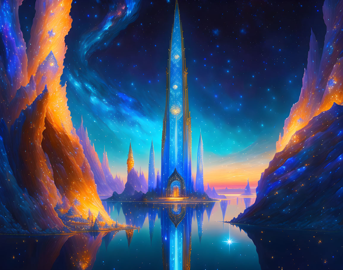Luminous spire-like castle in cosmic night sky reflection