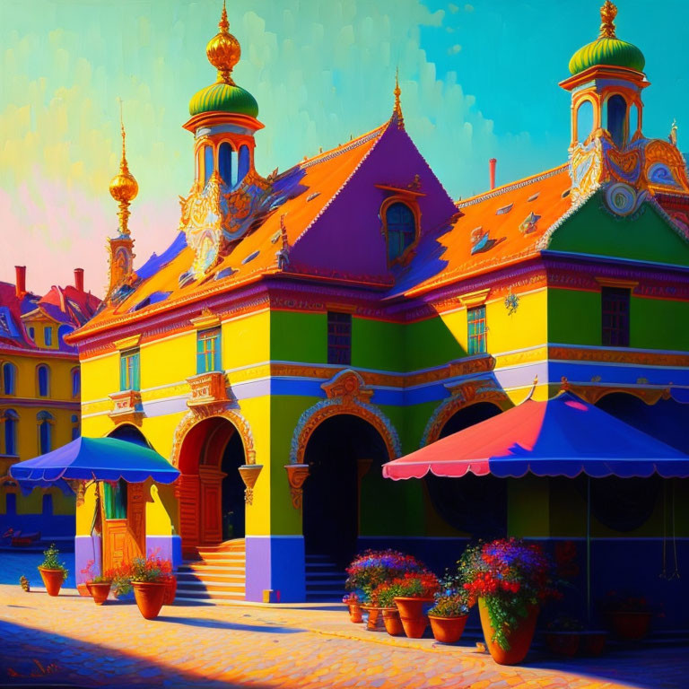Colorful European-style square with golden domes and market stalls under blue sky