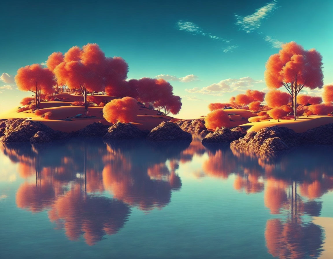 Tranquil landscape: orange trees, calm lake, sunset/sunrise sky