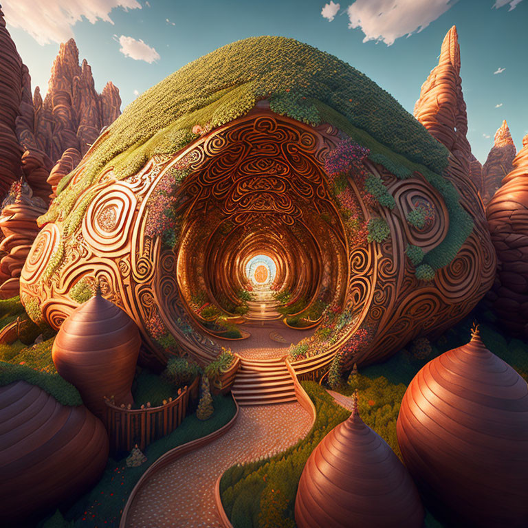Surreal digital artwork: Giant snail shell in intricate landscape