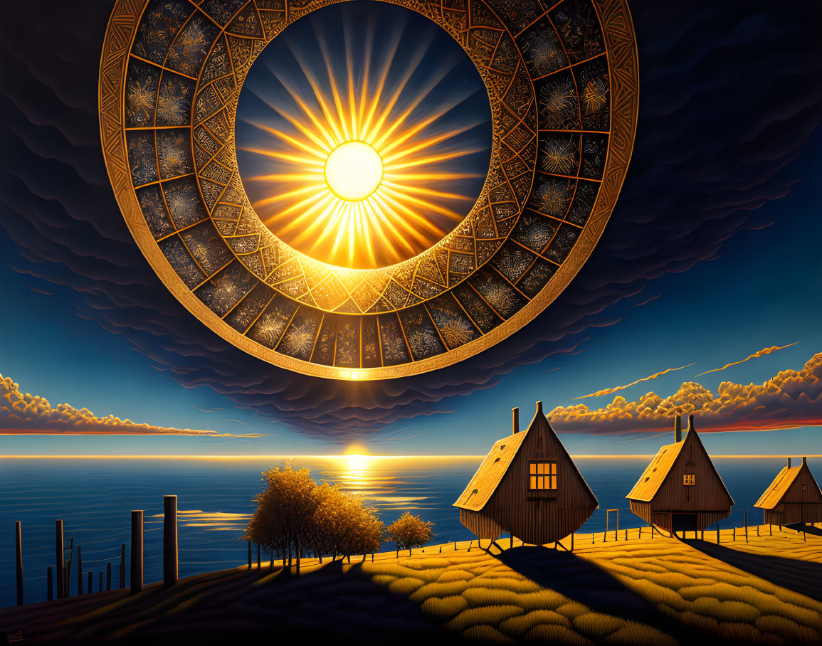 Surreal artwork: radiant sun in ornate frame above serene coastline