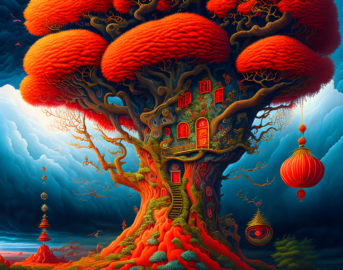 treehouse with red highlights, fantastical surreal