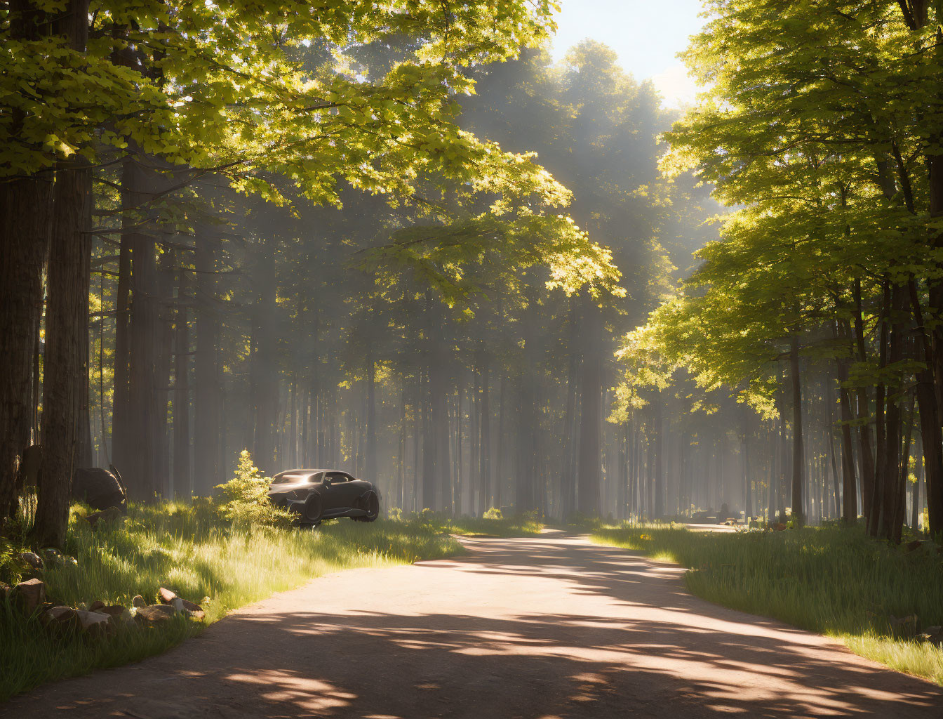 Sunlit Forest Road with SUV Among Tall Trees