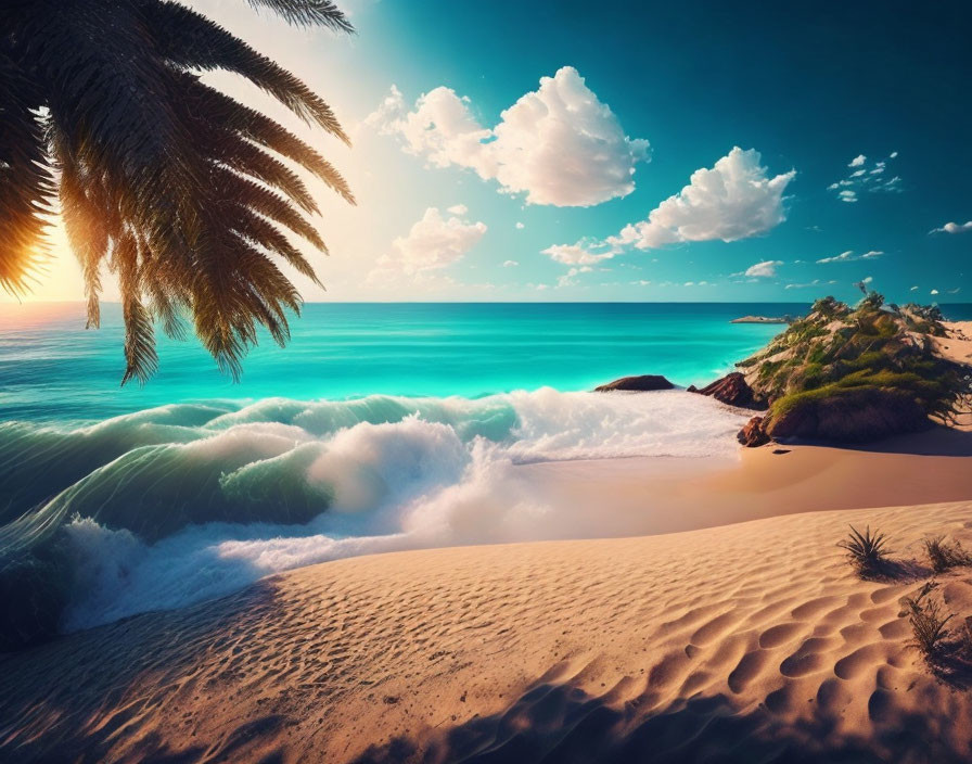 Tropical Beach Scene with Palm Trees and Sunset