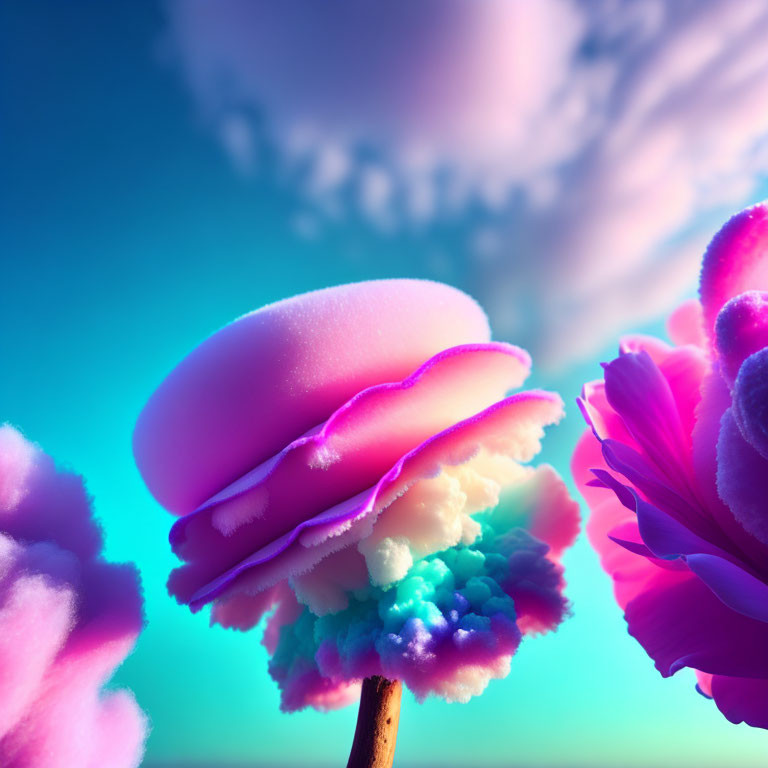 Surreal image with vibrant blue and pink colors, fluffy flower-like structure on stick, surrounded by