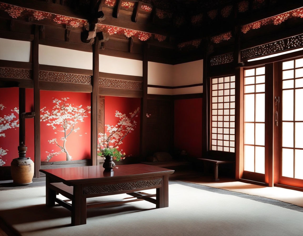 Japanese Traditional Room with Tatami Mats and Shoji Doors
