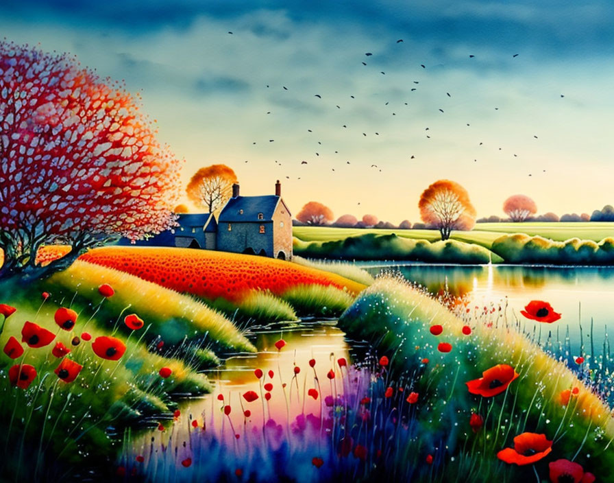 Colorful countryside painting with house, river, poppies, trees, and birds at twilight