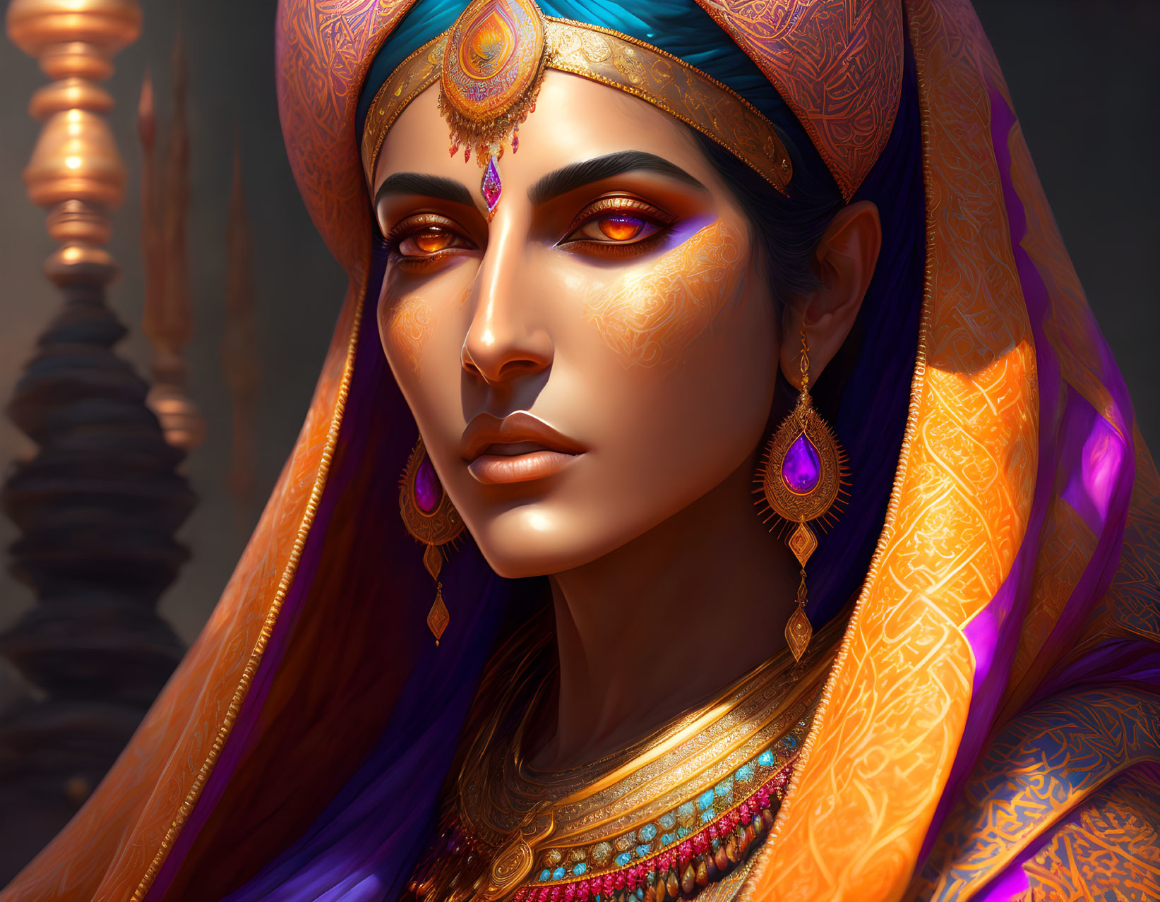 Digital portrait of woman in golden makeup and orange attire with ornate jewelry.