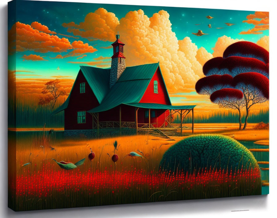 Colorful painting of red countryside house with lighthouse, trees, and birds