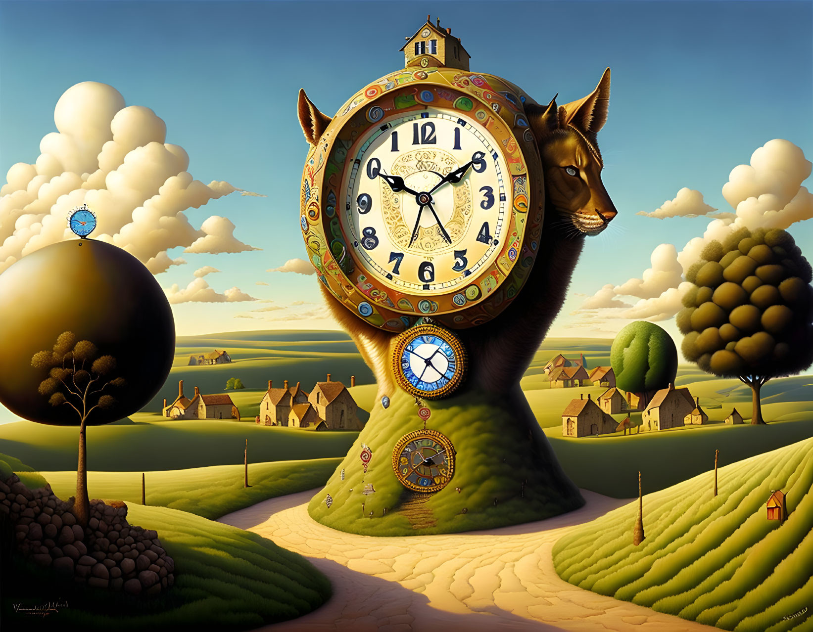 quirky clocks in the countryside, by vladimir kush