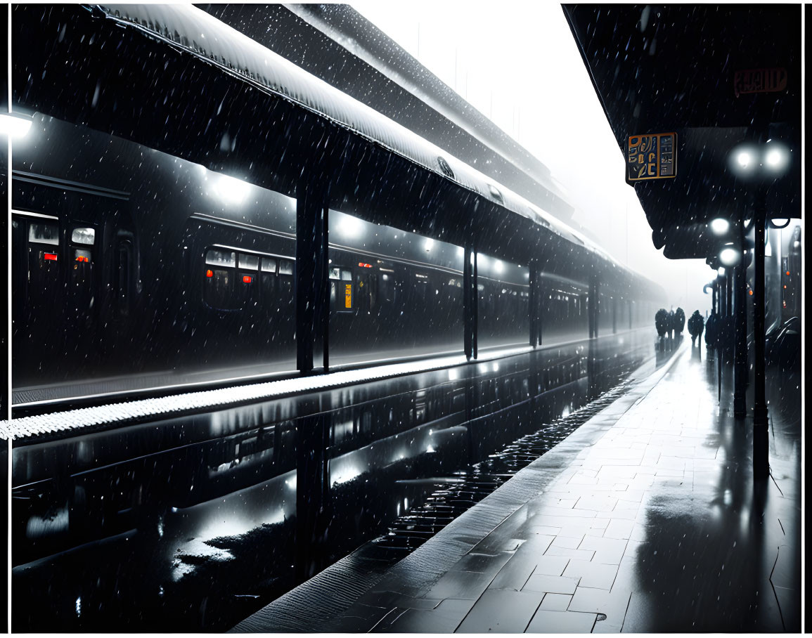 Train station at night: Rainy scene with bright lights and waiting train