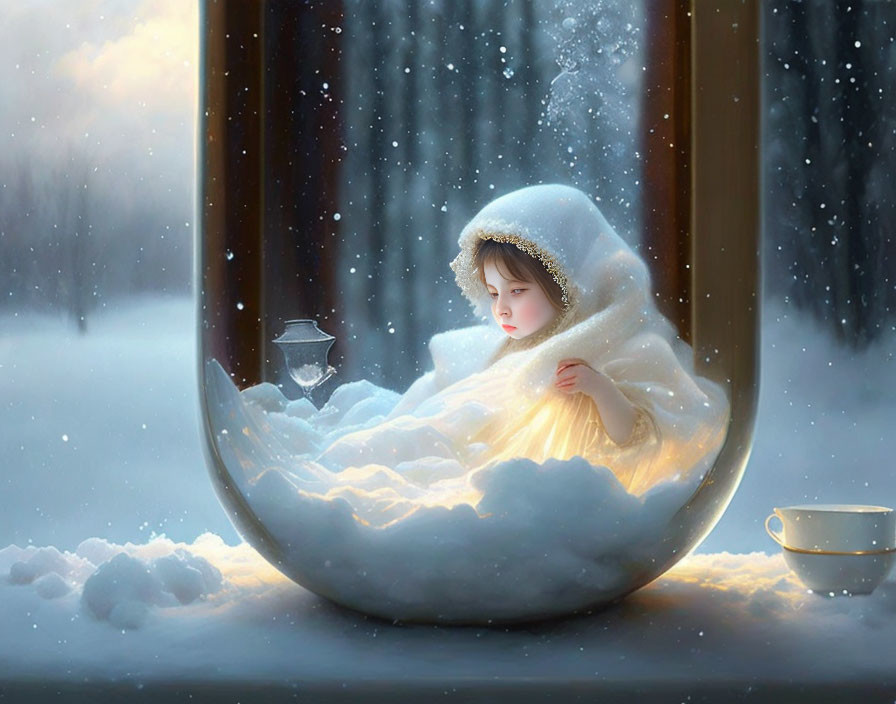 Child in Snow-Filled Glass Bulb with Winter Landscape