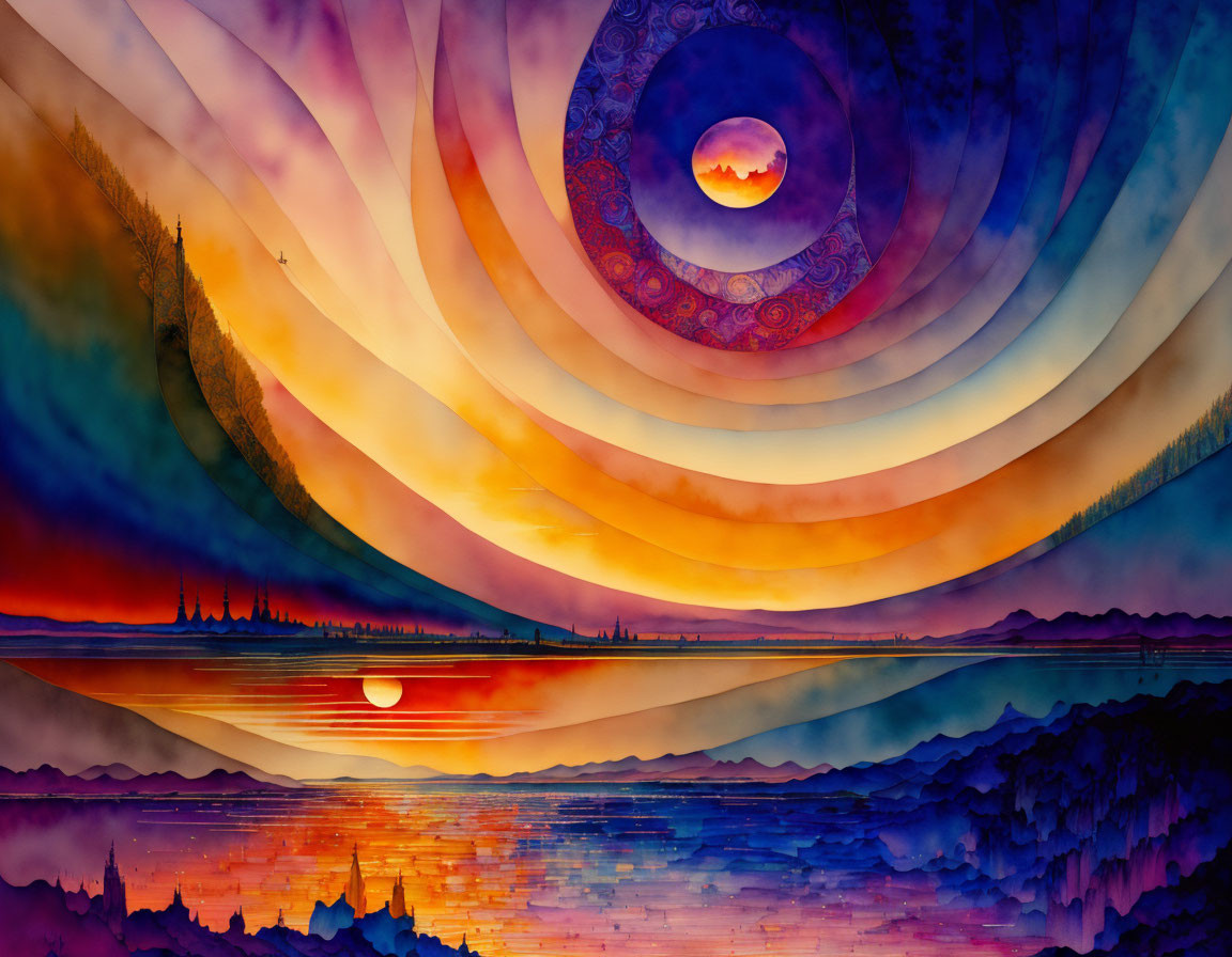 Colorful Sunset Landscape with Spiral Sky Reflections