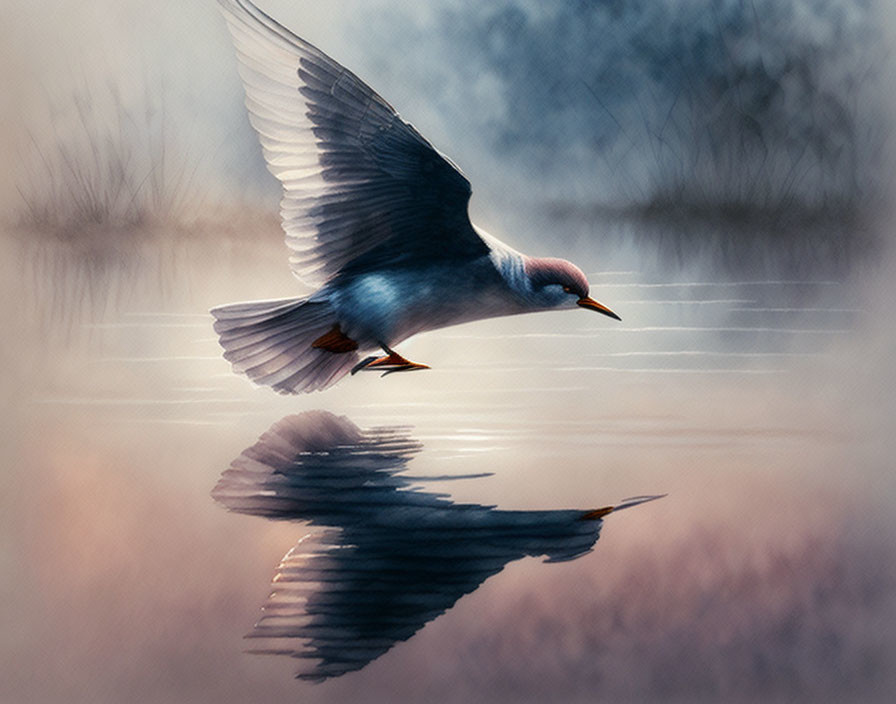 Bird in mid-flight reflected over serene water at dawn or dusk