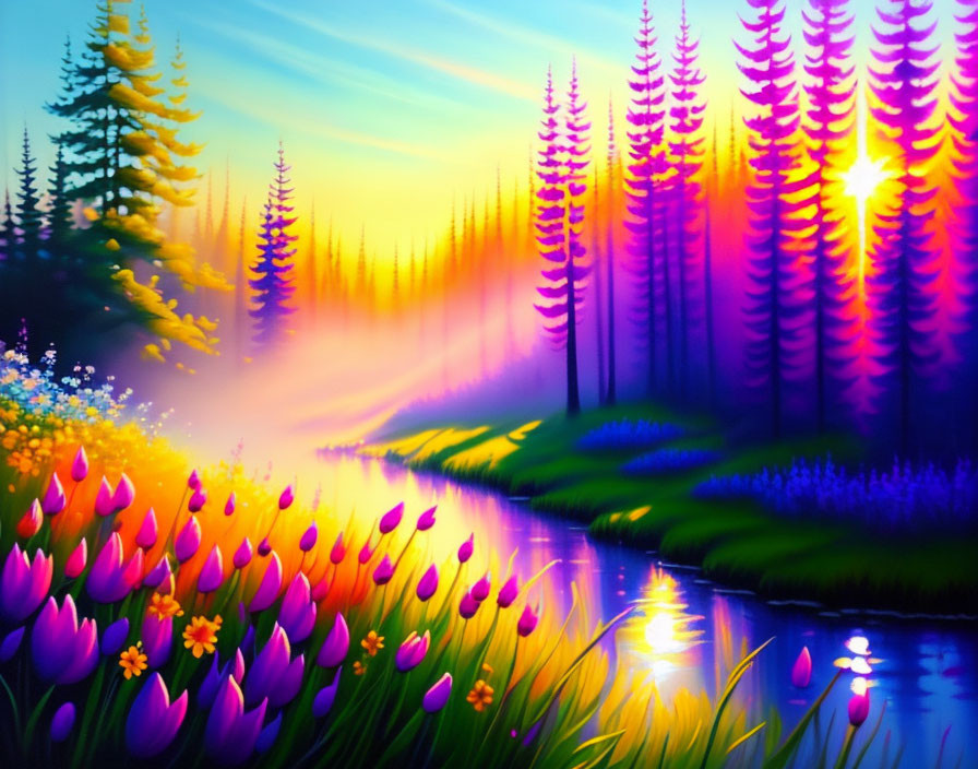 Scenic river painting with purple tulips, misty forest, and warm sunrise