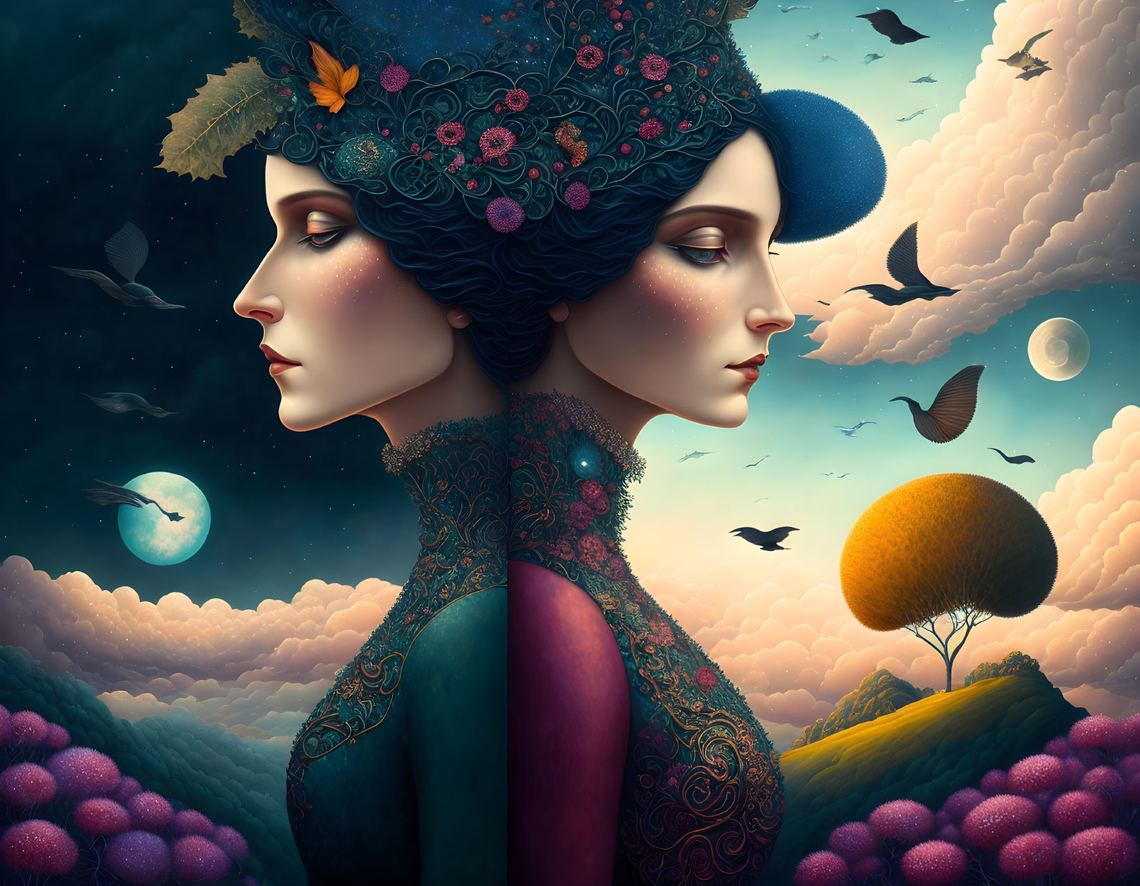 Surreal illustration of blended women's profiles with floral motifs in dreamy landscape