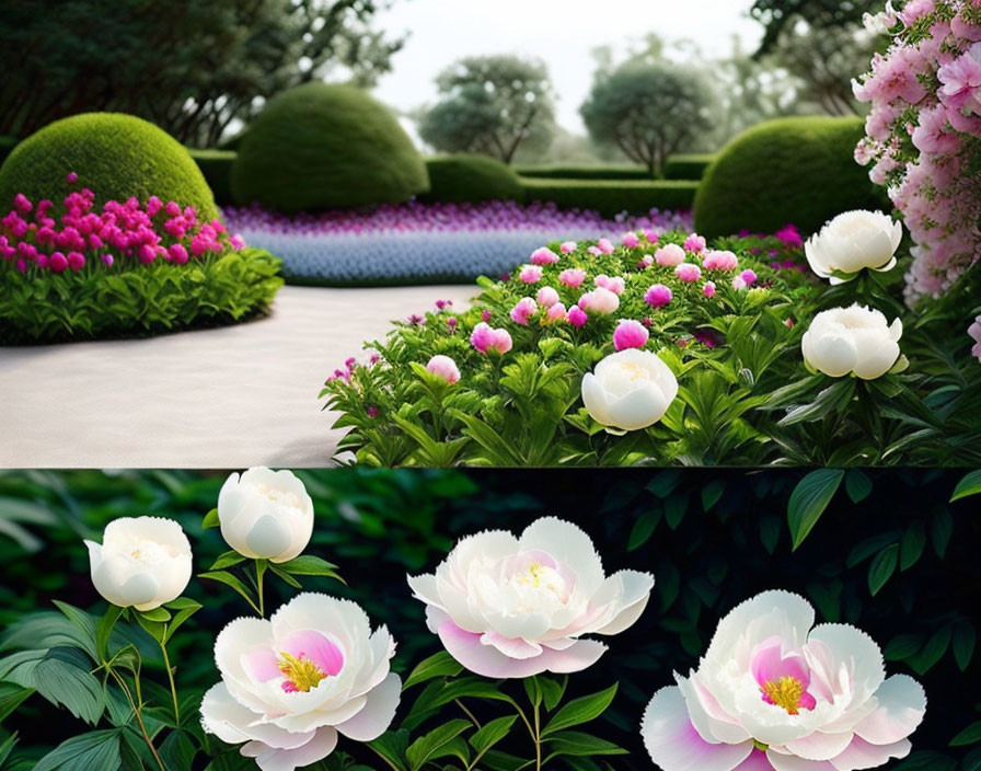 Manicured garden with round bushes, purple flowerbeds, and white peonies