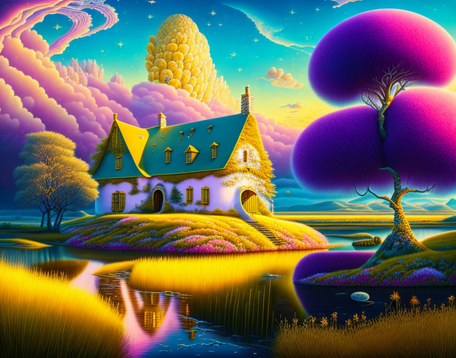 Colorful Cottage in Whimsical Landscape with River and Bridge