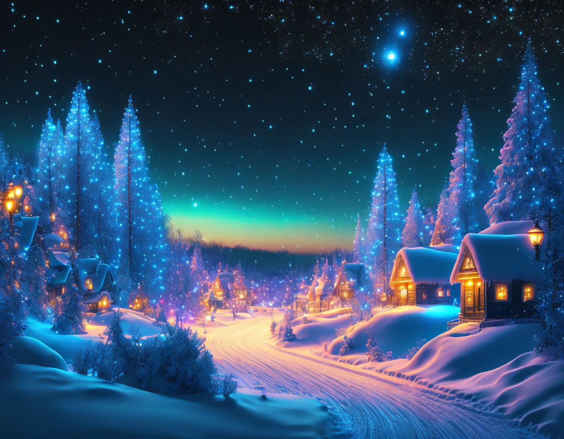 3D bioluminescent snowy night scene, stars like di