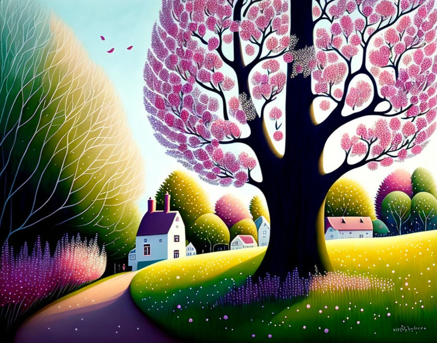 Colorful Whimsical Landscape with Cherry Blossoms and Charming Houses