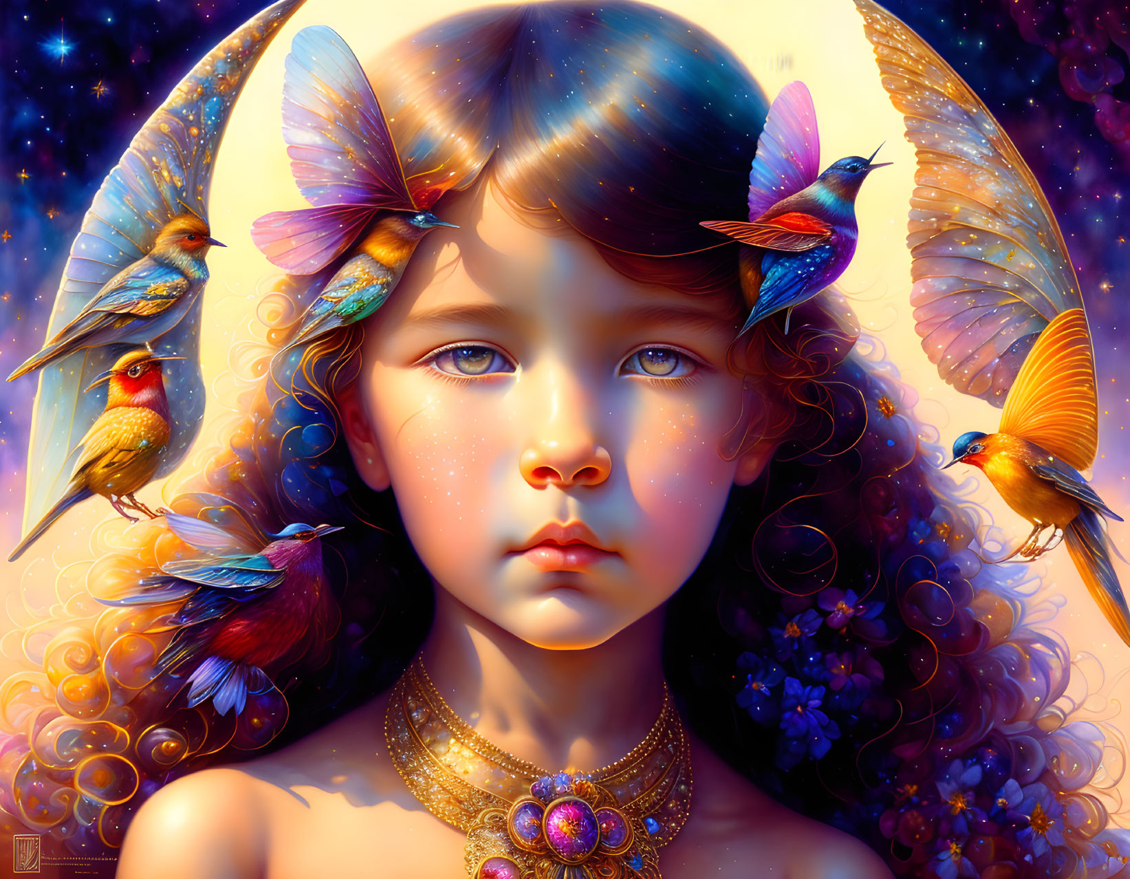 Colorful Child with Birds and Butterfly Wings in Starry Scene