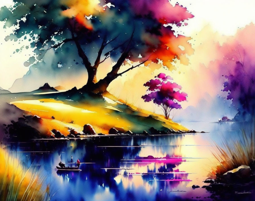 Colorful Watercolor Landscape with Tree, Lake, and Boat