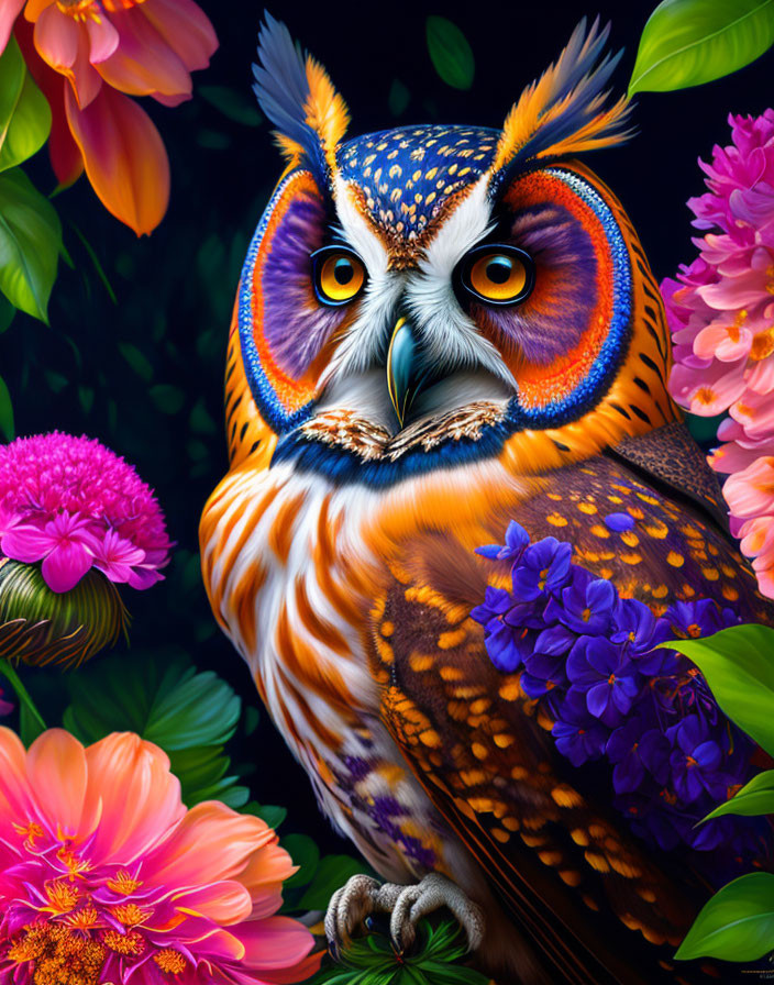 Colorful Owl Illustration Surrounded by Vibrant Flowers on Dark Background