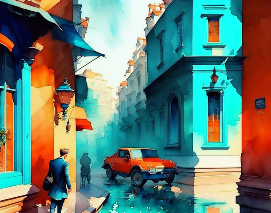 City street scene with blue and orange buildings, red car, and silhouettes in dreamlike water