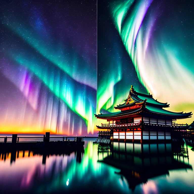 Northern Lights above pagoda-style building and water reflection.
