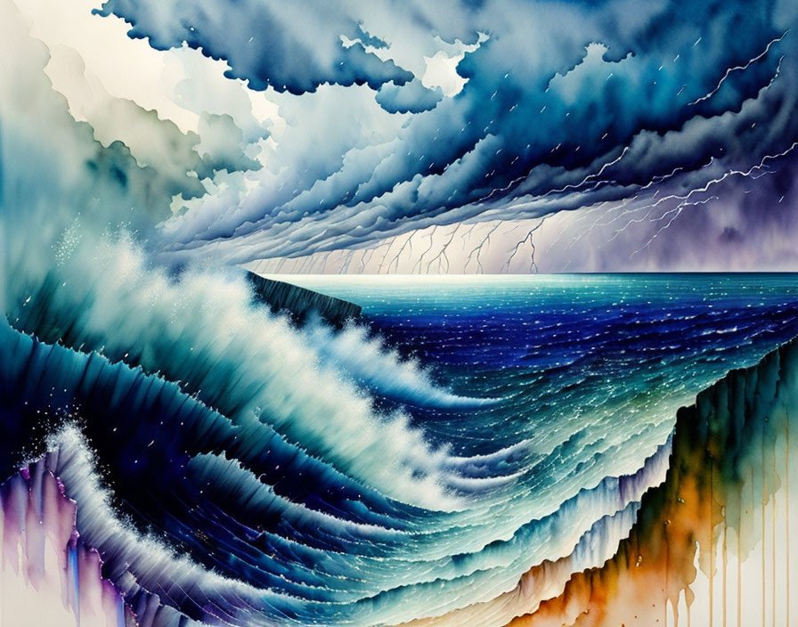 Stormy Sea Watercolor Painting with Crashing Waves and Lightning