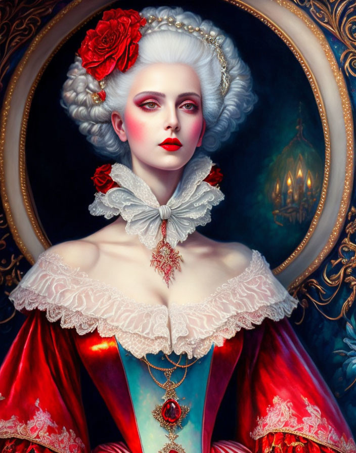 Portrait of a woman with white hair in Rococo style, red roses, red and blue dress