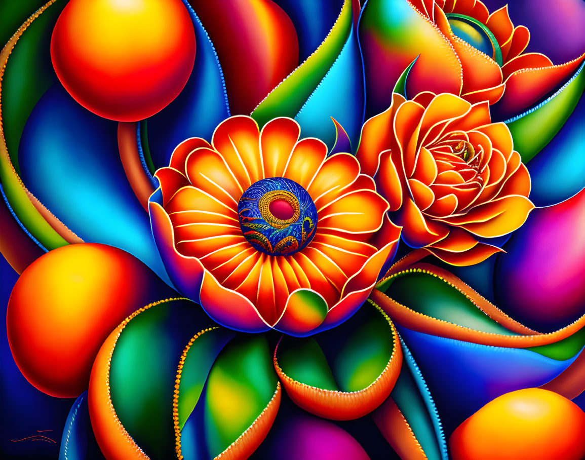 Colorful Digital Art: Stylized Flowers and Spheres in Vibrant 3D Patterns