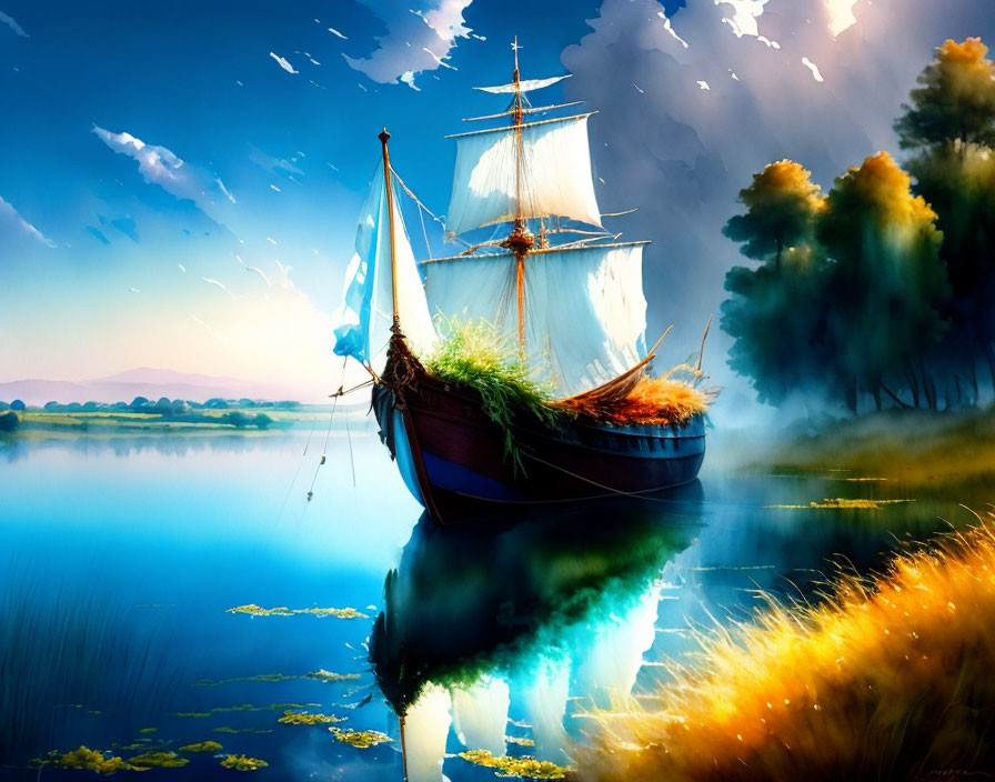 Colorful painting of sailing ship on calm lake with lush trees and vibrant sky