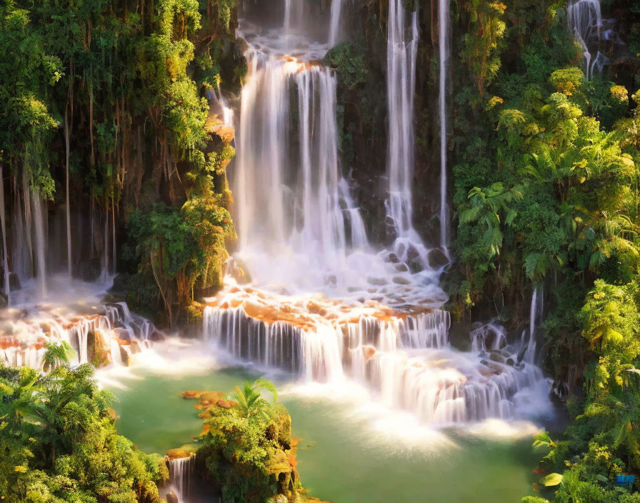 Tranquil waterfall in lush greenery with sunlight filtering through