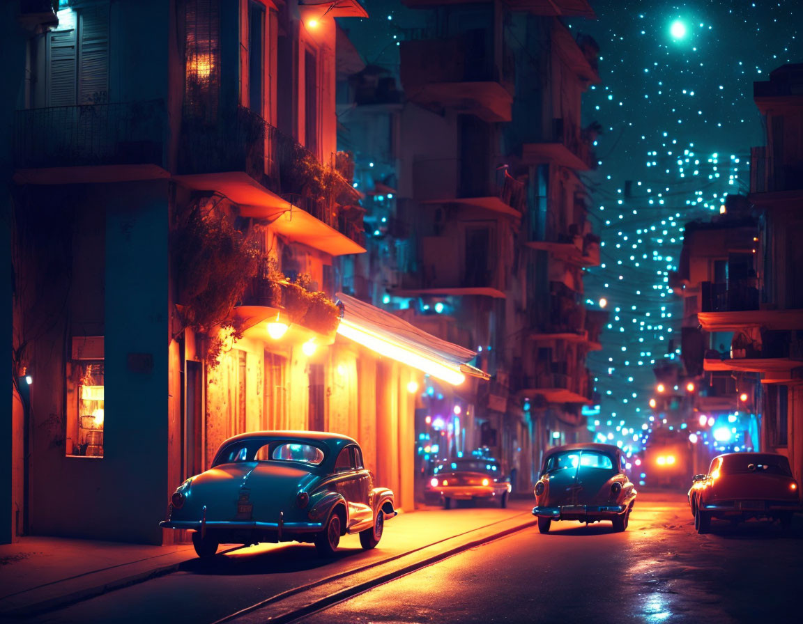 Vintage cars parked on nighttime street under glowing streetlights