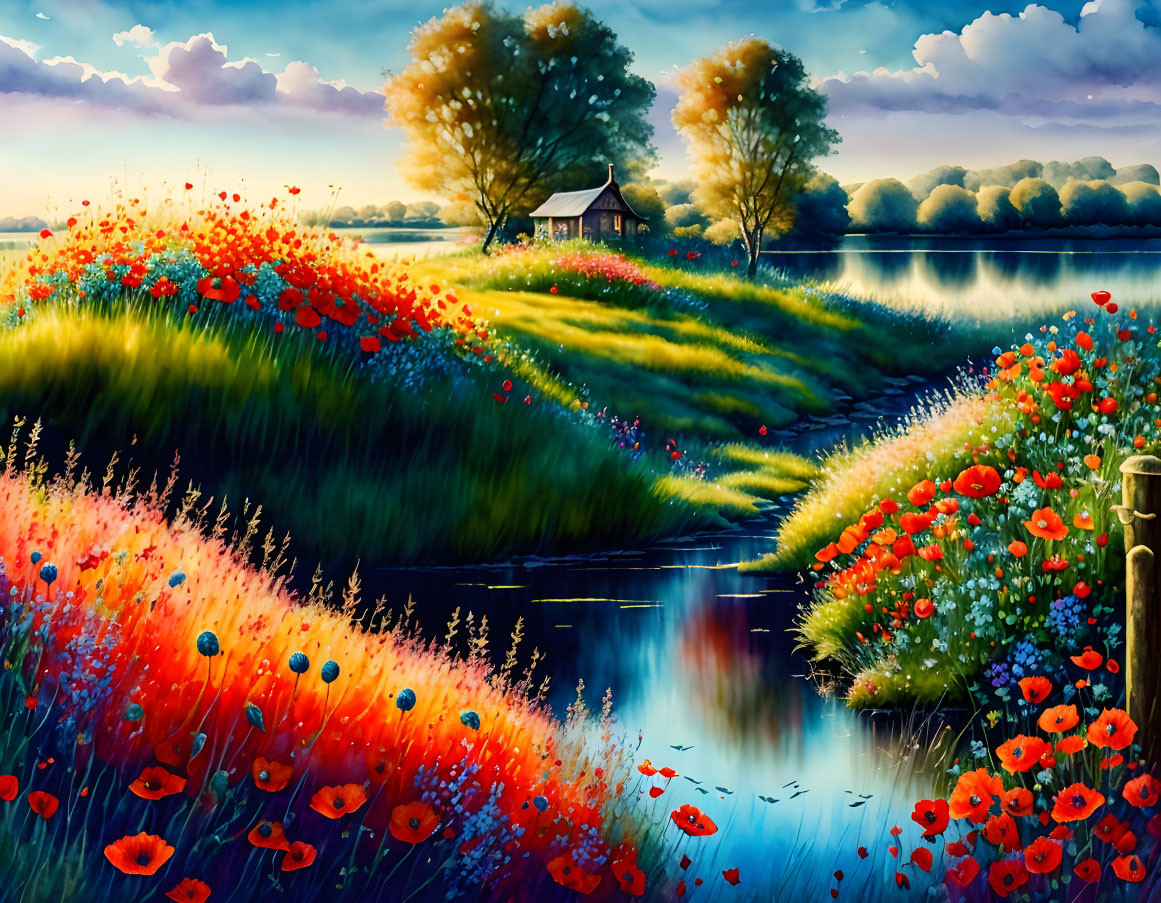 Scenic landscape with river, poppies, hut, and sunlight