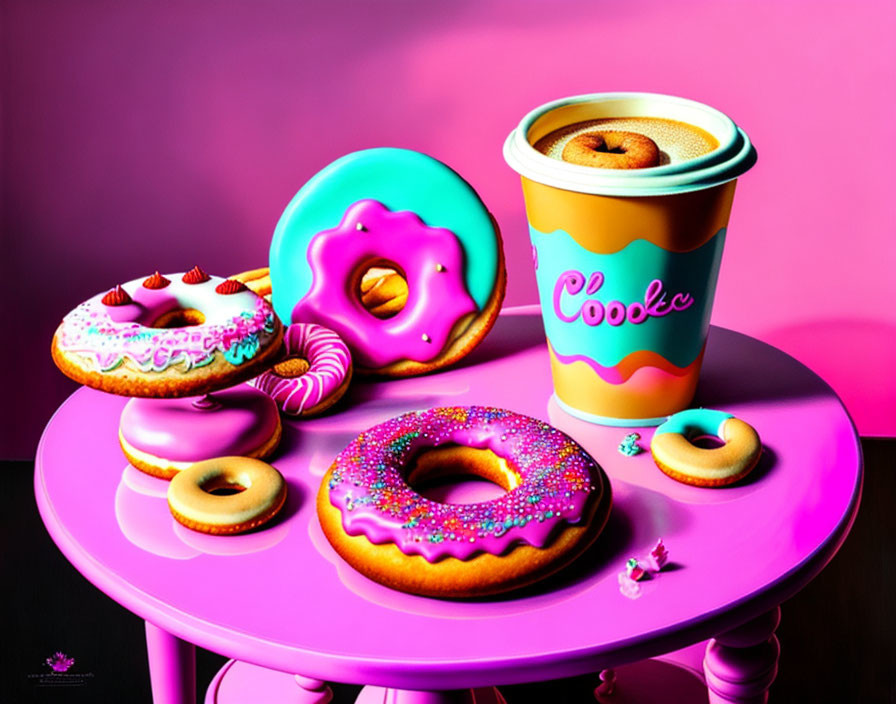 Colorful Doughnuts and "Cookie" Coffee Cup on Pink Table