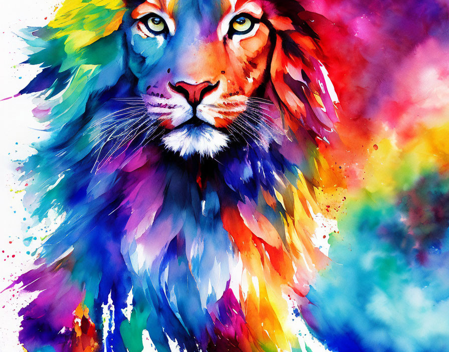 Colorful lion watercolor painting with vibrant blue, purple, red, and yellow mane