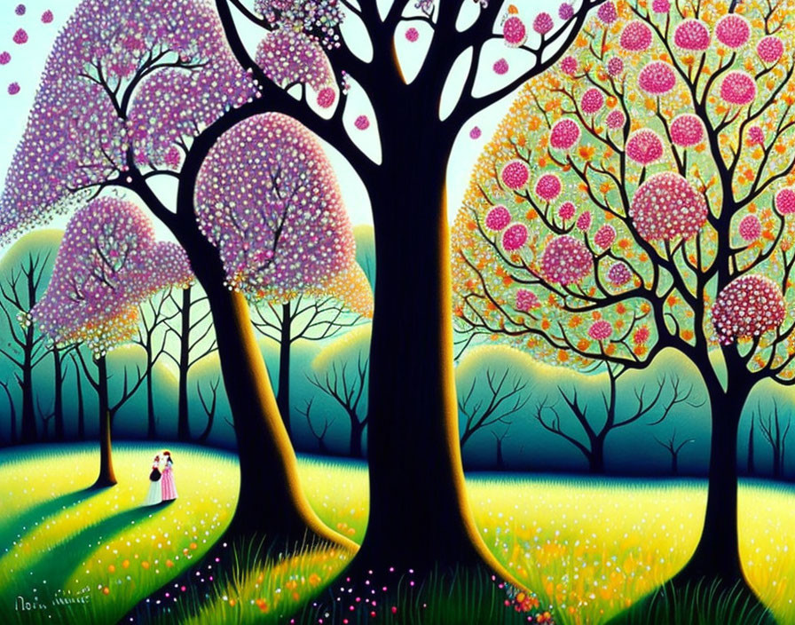 Whimsical painting of two people under vibrant, heart-shaped trees